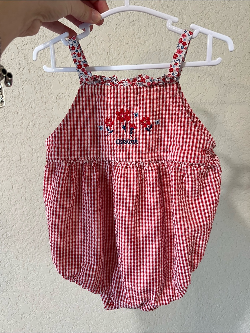 OshKosh B'gosh Red and White Gingham Baby Romper with Floral Straps